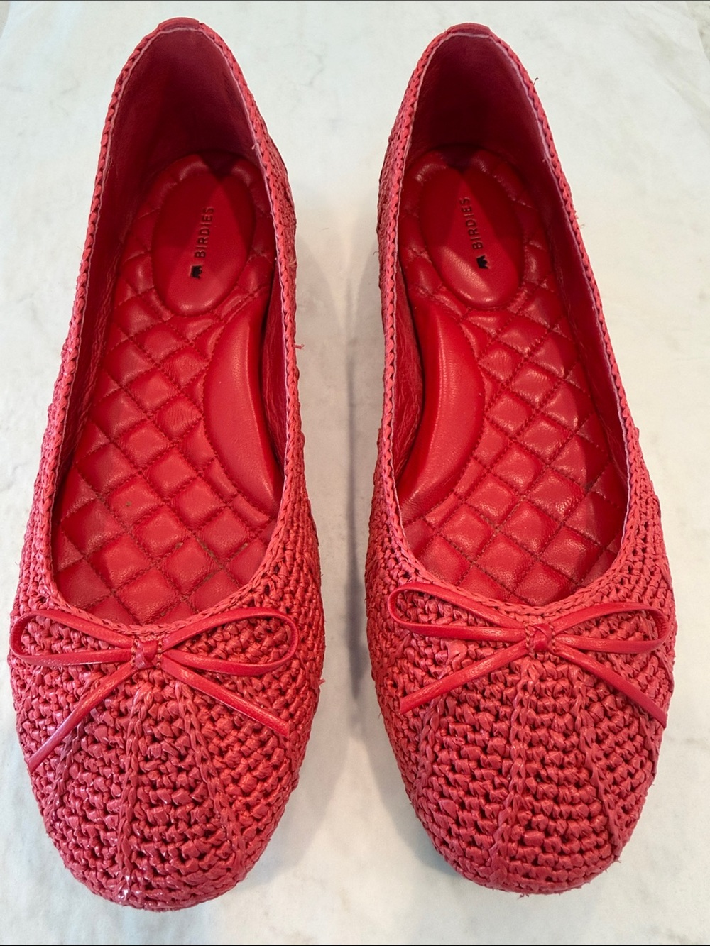Birdies Coral-Red Crochet Ballet Flats with Bow